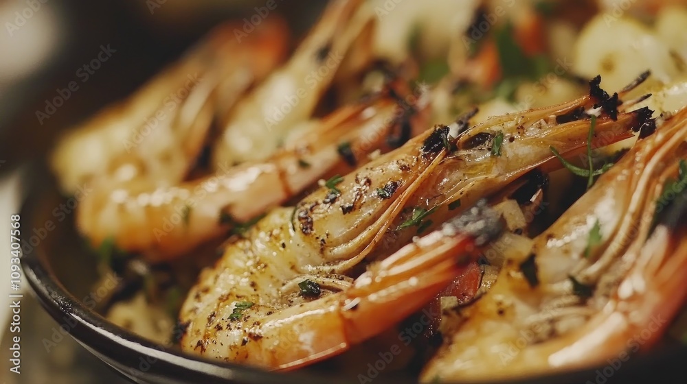 Close-up of succulent grilled shrimp garnished with fresh herbs, artfully arranged on a dark plate highlighting its appetizing texture and flavor. Close-up of succulent grilled shrimp garnished with fresh herbs, artfully arranged on a dark plate highlighting its appetizing texture and flavor.