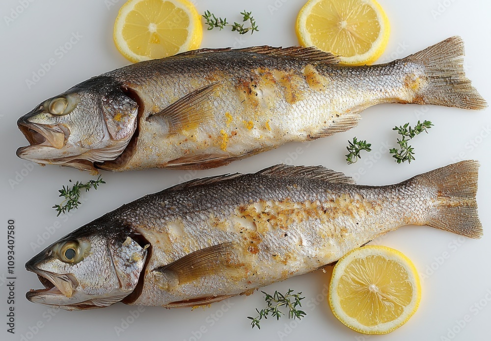 Freshly Cooked Whole Fish Garnished with Lemon Slices and Thyme for a Delicious Seafood Dish Ideal for Culinary and Food Photography Projects Freshly Cooked Whole Fish Garnished with Lemon Slices and Thyme for a Delicious Seafood Dish Ideal for Culinary and Food Photography Projects