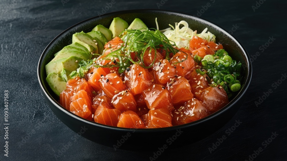 Vibrant salmon and avocado poke bowl with fresh greens, sesame seeds, and cabbage arranged artistically in a sleek black bowl on a dark background. Vibrant salmon and avocado poke bowl with fresh greens, sesame seeds, and cabbage arranged artistically in a sleek black bowl on a dark background.
