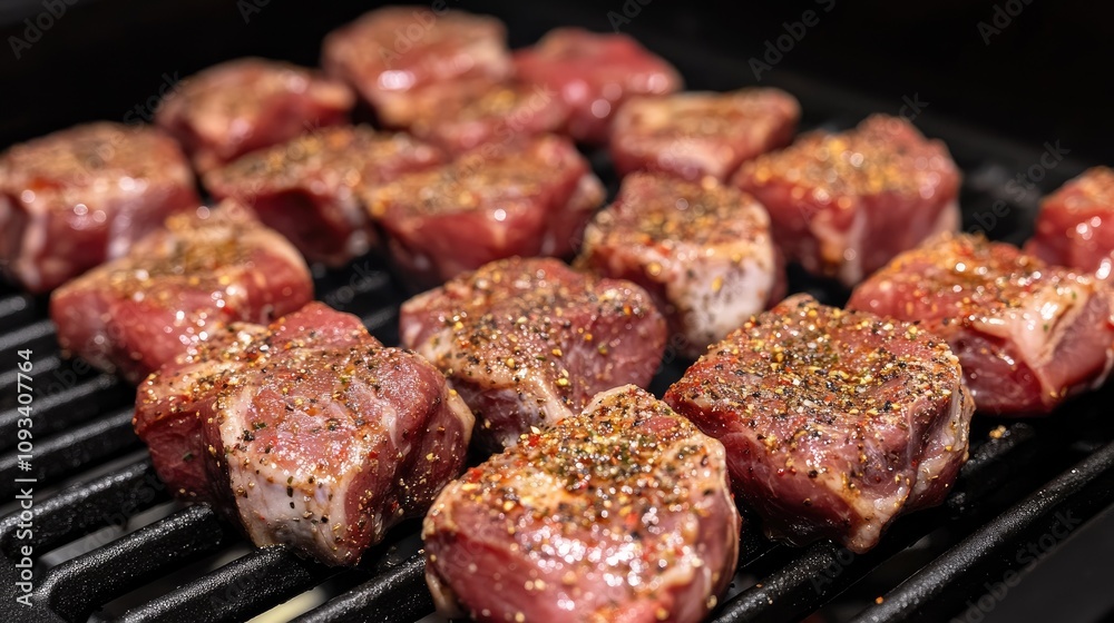 Grilling perfectly seasoned meat cubes on a barbecue, showcasing grilling techniques for culinary events and celebrations with vibrant spices. Grilling perfectly seasoned meat cubes on a barbecue, showcasing grilling techniques for culinary events and celebrations with vibrant spices.