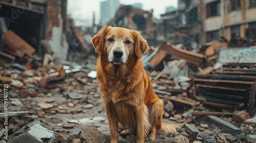 Rescue dog exploring debris in a devastated urban landscape, showcasing resilience amidst the ruins of a severe earthquake aftermath. photo