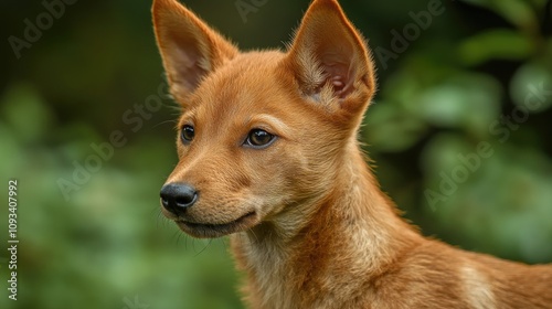 Close-up of a young red mongrel dog with alert ears and a curious expression, surrounded by a blurred green background of foliage.