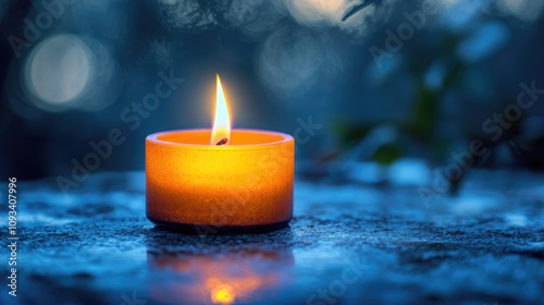 Glowing amber candle flame on textured surface with soft gray bokeh backdrop, creating a serene and peaceful ambiance in soft light.