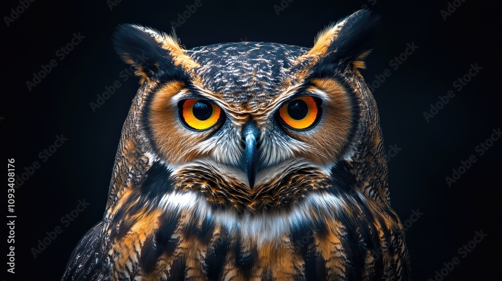 Great horned owl with striking amber eyes and detailed feathers, set against a dramatic dark background. Captivating close-up portrait. Great horned owl with striking amber eyes and detailed feathers, set against a dramatic dark background. Captivating close-up portrait.