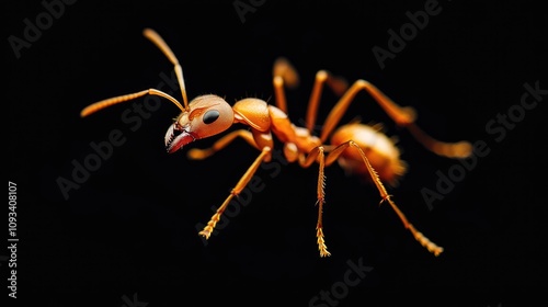 Macro shot of a detailed orange ant on a stark black background highlighting its intricate features and unique anatomy.