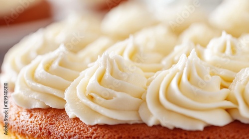 Close-up view of a moist yellow cake adorned with swirls of rich, creamy frosting showcasing a delightful and inviting texture.