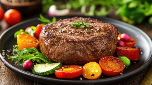 Juicy beef steak beautifully garnished with vibrant fresh vegetables including cherry tomatoes, cucumbers, and radishes on a black plate.