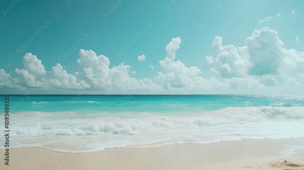 Obraz premium Idyllic tropical beach with soft white sand, gentle turquoise waves, and fluffy clouds against a clear blue sky, providing ample copy space for text.