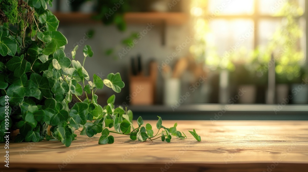 Wooden tabletop adorned with lush green plants, softly illuminated by sunlight, with a blurred kitchen counter setting in the background.