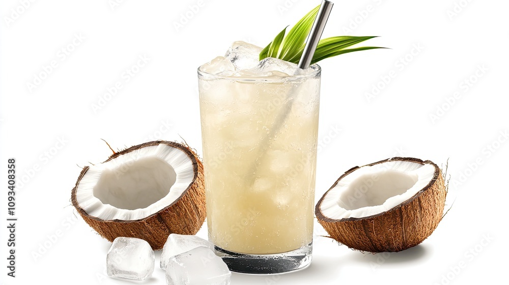 A glass of chilled coconut water with ice cubes and a metal straw, set against a white background. A glass of chilled coconut water with ice cubes and a metal straw, set against a white background.