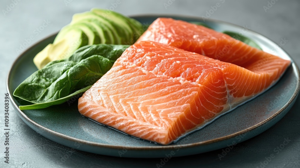 Fresh salmon fillets paired with vibrant spinach and creamy avocado on a stylish blue plate, showcasing a health-conscious lifestyle concept with ample copy space. Fresh salmon fillets paired with vibrant spinach and creamy avocado on a stylish blue plate, showcasing a health-conscious lifestyle concept with ample copy space.