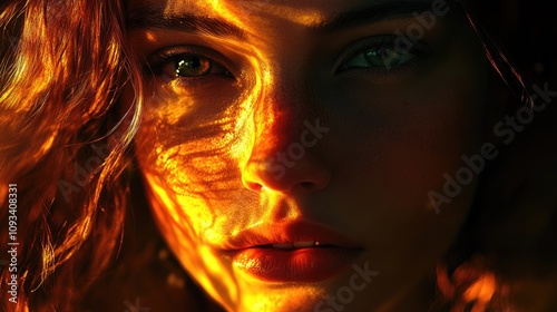 Close-up portrait of a woman with captivating green eyes, illuminated by warm golden light, showcasing intricate shadows and a serene expression.