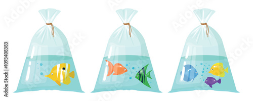 Set of fish in plastic bags in cartoon style. Vector illustration of colored fishes swimming in bags, bubbles isolated on white background. Transportation of fish. Yellow, orange, green, blue, purple.