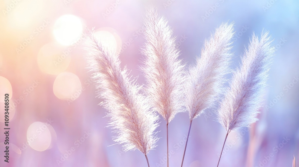 Fototapeta premium Close-up of fluffy pampas grass in soft pastel colors with a blurred background, highlighting delicate textures perfect for botanical and nature themes.