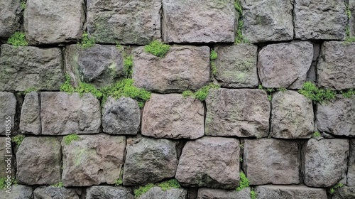 Textured stone wall with green moss growing between rough, weathered stones providing ample space for text or design elements.