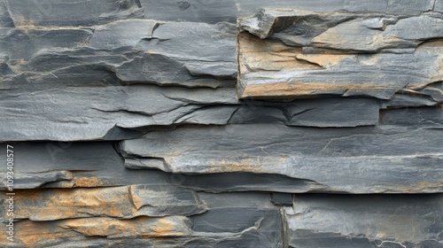 Detailed texture of weathered gray stone showcasing layered surfaces and subtle orange accents highlighting natural erosion features. photo