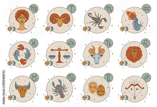 12 horoscope signs. Set of cards with zodiac signs. Astrological zodiac signs in vintage style. Flat vector illustration, eps10