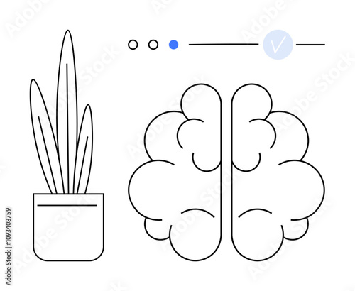 Potted plant next to a brain icon, accompanied by three circular interface elements with a check mark. Ideal for productivity, mental health, mindfulness, growth, wellbeing, technology, creativity