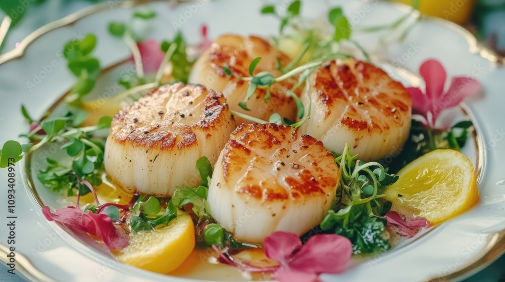 Seared scallops elegantly plated with citrus beurre blanc sauce, fresh microgreens, lemon slices, and vibrant edible flowers. Seared scallops elegantly plated with citrus beurre blanc sauce, fresh microgreens, lemon slices, and vibrant edible flowers.