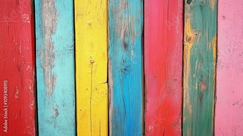 Close-up view of a colorful wooden wall featuring distressed paint in vibrant shades of red, yellow, blue, and green with rustic textures.