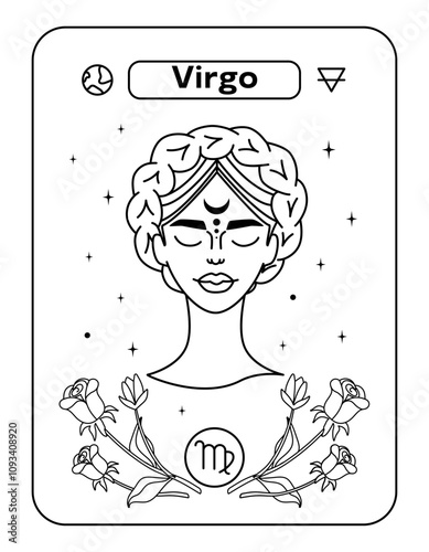 Virgo on the map is a symbol of the zodiac horoscope. Girl in linear style. Black and white flat vector illustration, eps10