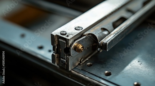 Detailed close-up of a metallic hinge on a PVC window, showcasing the interlocking mechanism and intricate metalwork for strong connectivity.