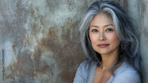 Elegant portrait of a middle-aged woman with long gray hair, soft features, and a serene expression against a textured background.