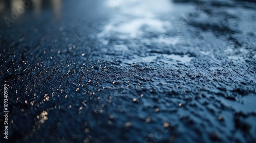 Close-up of glistening fresh thermoplastic material on pavement, showcasing its texture and sheen before it hardens and bonds to the surface.