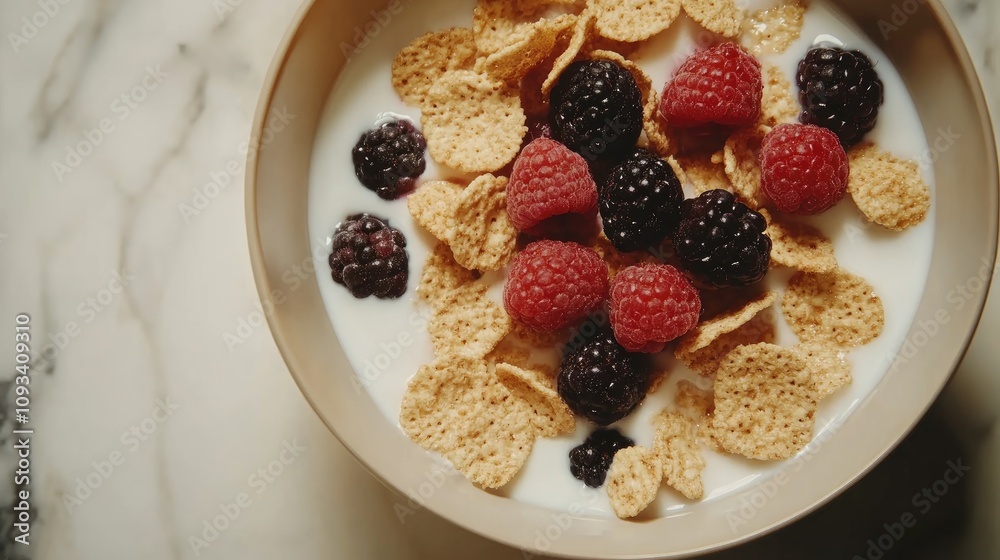 Cereal bowl with crispy flakes and an array of fresh raspberries and blackberries in creamy milk, captured from a top-down perspective. Cereal bowl with crispy flakes and an array of fresh raspberries and blackberries in creamy milk, captured from a top-down perspective.