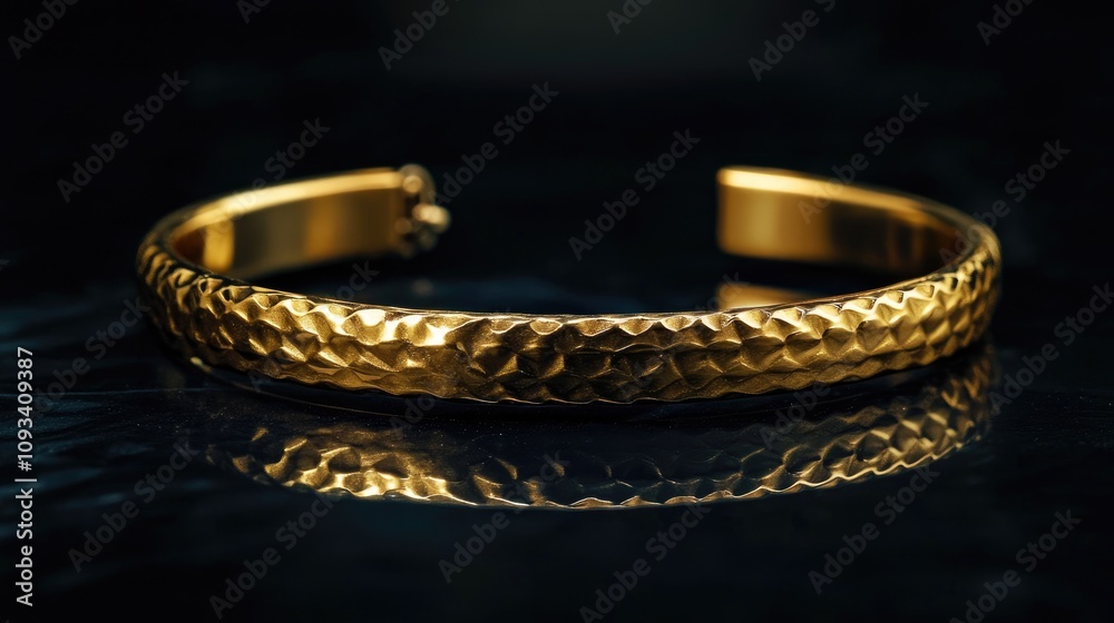 Elegant gold bracelet with a textured surface, reflecting stunningly against a dark, polished background, showcasing its intricate design and shine. Elegant gold bracelet with a textured surface, reflecting stunningly against a dark, polished background, showcasing its intricate design and shine.