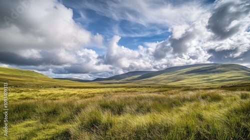 Expansive green grassland stretches under a vibrant sky, dotted with dramatic white clouds and rolling hills in the background.