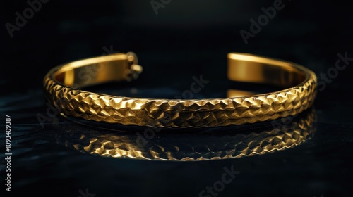 Elegant gold bracelet with a textured surface, reflecting stunningly against a dark, polished background, showcasing its intricate design and shine.