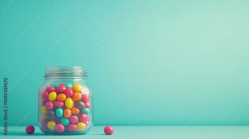 Vibrant candy-filled jar on a turquoise background, ideal for festive gatherings and special celebrations, showcasing an array of colorful treats. Vibrant candy-filled jar on a turquoise background, ideal for festive gatherings and special celebrations, showcasing an array of colorful treats.