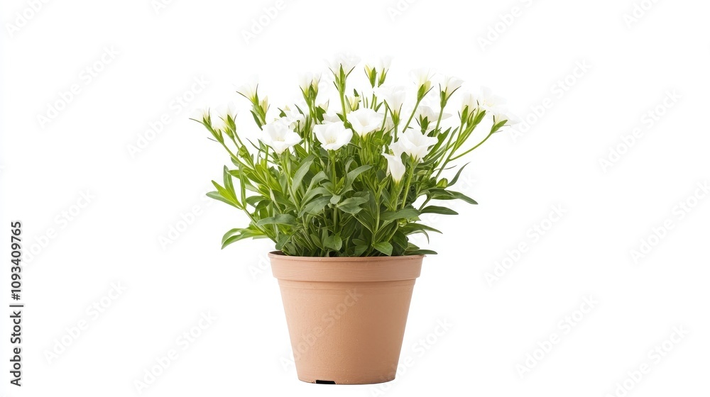 Front view of a thriving lisianthus plant in a simple terracotta pot, showcasing delicate white blooms and vibrant green foliage against a clean white background. Front view of a thriving lisianthus plant in a simple terracotta pot, showcasing delicate white blooms and vibrant green foliage against a clean white background.