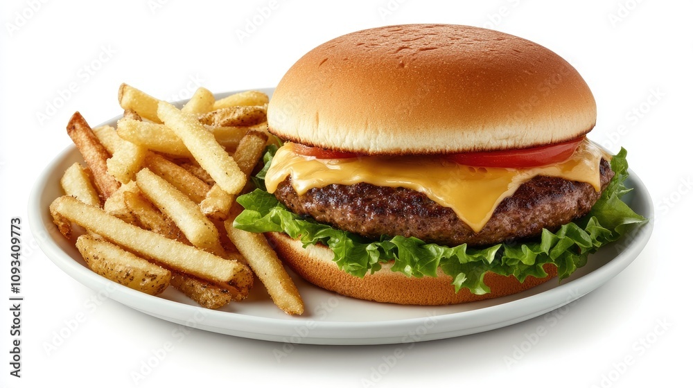 Mouthwatering beef burger with melted cheese, fresh lettuce, and tomato on a soft brioche bun, served with crispy golden french fries. Mouthwatering beef burger with melted cheese, fresh lettuce, and tomato on a soft brioche bun, served with crispy golden french fries.