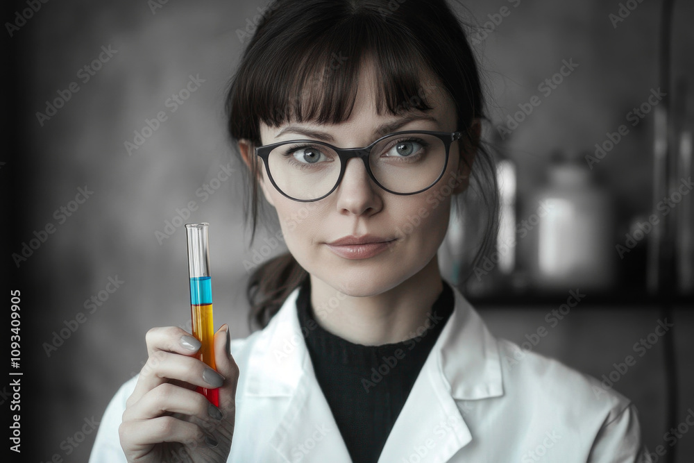 A female scientist holds a test tube with vivid liquid in a clean lab. Her determined, professional demeanor inspires creativity and scientific discovery A female scientist holds a test tube with vivid liquid in a clean lab. Her determined, professional demeanor inspires creativity and scientific discovery