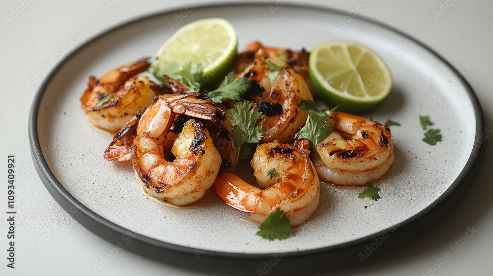 Grilled shrimp garnished with lime wedges and fresh herbs on a sleek round plate, showcasing vibrant colors against a minimalist concrete background. Grilled shrimp garnished with lime wedges and fresh herbs on a sleek round plate, showcasing vibrant colors against a minimalist concrete background.