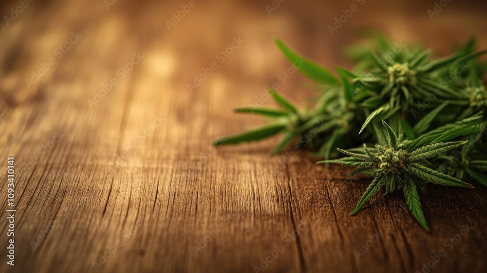 Detailed close-up of vibrant cannabis buds with lush green leaves, placed artistically on a rustic wooden surface, highlighting natural textures and colors. Detailed close-up of vibrant cannabis buds with lush green leaves, placed artistically on a rustic wooden surface, highlighting natural textures and colors.