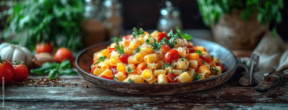 Freshly Prepared Pasta Dish Garnished with Herbs, Cherry Tomatoes, and Garlic on Rustic Table Surrounded by Fresh Vegetables and Olive Oil in Cozy Kitchen Setting Freshly Prepared Pasta Dish Garnished with Herbs, Cherry Tomatoes, and Garlic on Rustic Table Surrounded by Fresh Vegetables and Olive Oil in Cozy Kitchen Setting