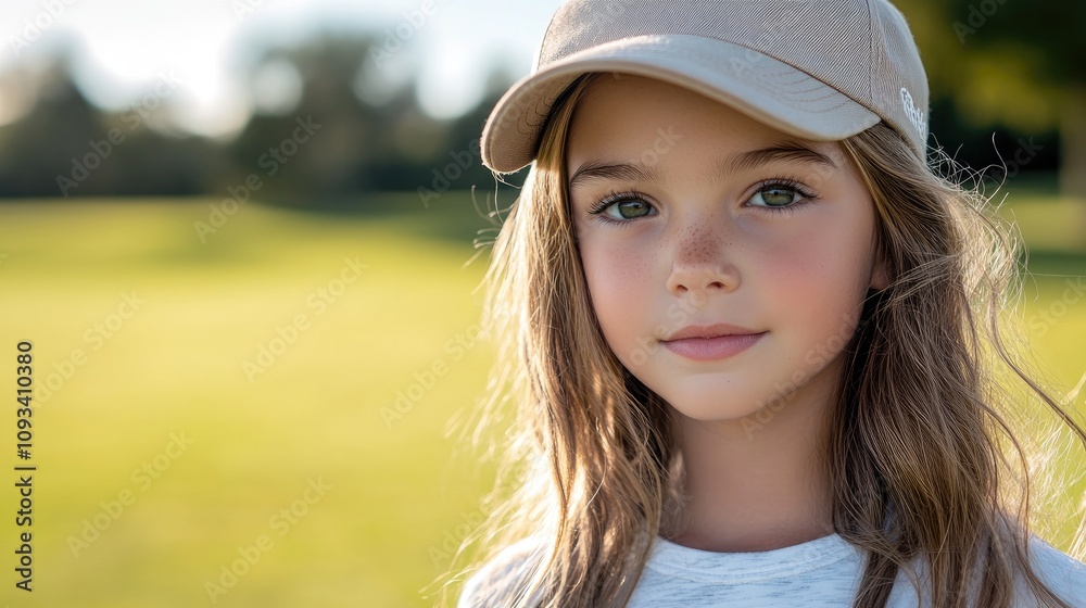 Adorable young girl with long hair wearing a beige cap, posed on a sunny golf course, showcasing bright eyes and a serene expression. Adorable young girl with long hair wearing a beige cap, posed on a sunny golf course, showcasing bright eyes and a serene expression.