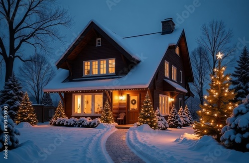 Cozy Wooden House Illuminated at Night in Snowy Christmas Setting with Decorated Trees and Warm Lights Winter Scene Concept photo