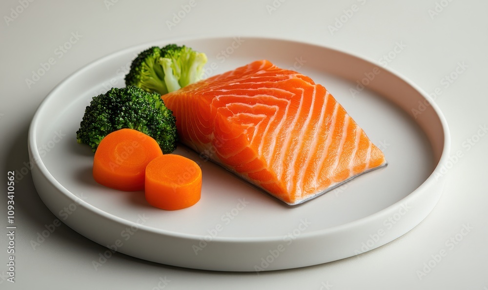 Freshly Prepared Salmon Fillet with Broccoli and Carrot Slices on Elegant White Plate for Healthy Culinary Presentation and Nutrition Concept Freshly Prepared Salmon Fillet with Broccoli and Carrot Slices on Elegant White Plate for Healthy Culinary Presentation and Nutrition Concept