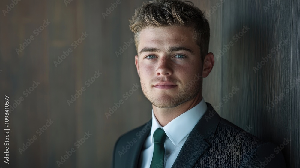 Young businessman in formal suit and tie, exuding confidence with a focused expression against a sleek wooden background. Young businessman in formal suit and tie, exuding confidence with a focused expression against a sleek wooden background.
