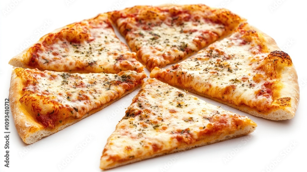 Delicious pizza slices arranged in a circular formation, topped with melted cheese and herbs on a clean white surface. Delicious pizza slices arranged in a circular formation, topped with melted cheese and herbs on a clean white surface.