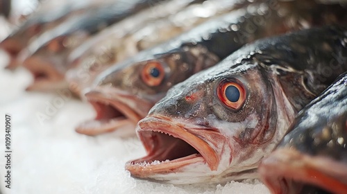 Fresh amberjack fish with striking eyes and open mouths, arranged neatly on a bed of ice, showcasing their glistening scales on a white surface. photo