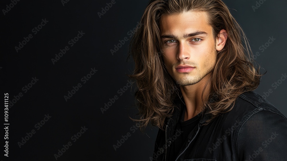 Young male model with long brown hair wearing a black casual jacket, exuding style and confidence against a dark studio backdrop. Young male model with long brown hair wearing a black casual jacket, exuding style and confidence against a dark studio backdrop.
