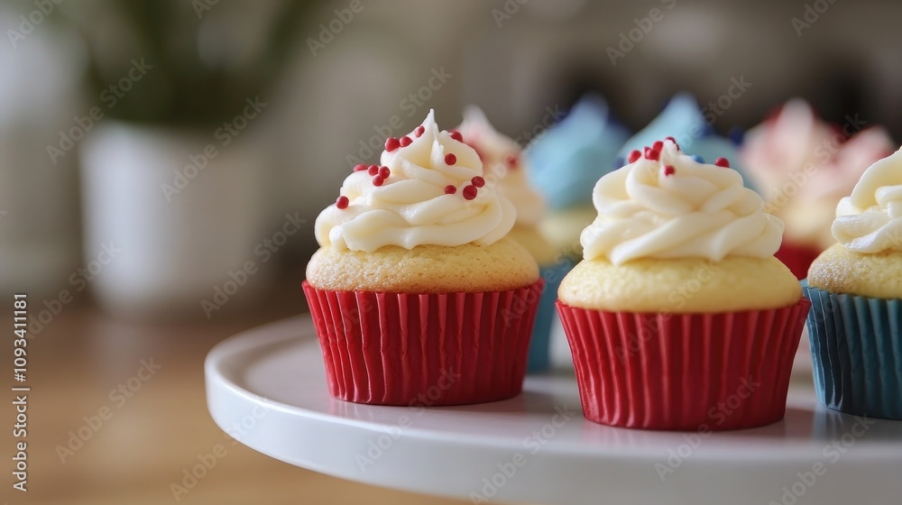 Festively Decorated Cupcakes in Red, White, and Blue with Whipped Cream Topping and Sprinkles Perfect for Celebrations Festively Decorated Cupcakes in Red, White, and Blue with Whipped Cream Topping and Sprinkles Perfect for Celebrations