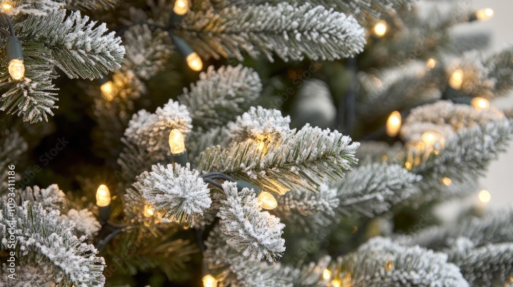 Frosted conifer branches decorated with soft white lights and glistening snow, highlighting a close-up of a festive holiday tree scene. Frosted conifer branches decorated with soft white lights and glistening snow, highlighting a close-up of a festive holiday tree scene.