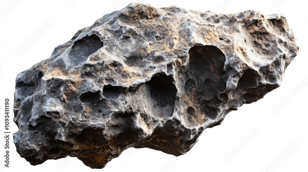 Fototapeta premium Realistic meteorite with a rugged, cratered surface, showcasing detailed textures; perfect for educational materials and space exploration themes.
