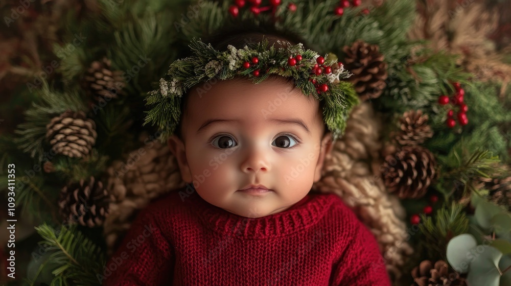Adorable baby dressed in a red sweater adorned with a festive wreath crown, surrounded by a natural holiday backdrop with pinecones and greenery. Adorable baby dressed in a red sweater adorned with a festive wreath crown, surrounded by a natural holiday backdrop with pinecones and greenery.